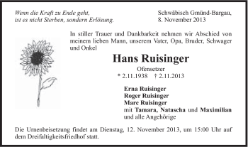Traueranzeige von Hans Ruisinger von Gmünder Tagespost