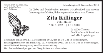 Traueranzeige von Zita Killinger von Gmünder Tagespost