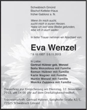 Traueranzeige von Eva Wenzel von Gmünder Tagespost