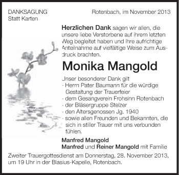 Traueranzeige von Monika Mangold von Schwäbische Post