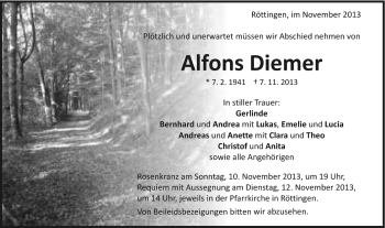 Traueranzeige von Alfons Diemer von Schwäbische Post