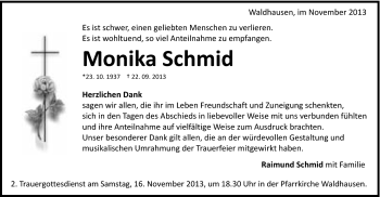 Traueranzeige von Monika Schmid von Schwäbische Post