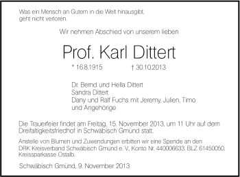 Traueranzeige von Karl Dittert von Gmünder Tagespost
