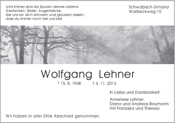 Traueranzeige von Wolfgang Lehner von Gmünder Tagespost