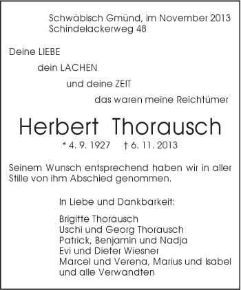 Traueranzeige von Herbert Thorausch von Gmünder Tagespost