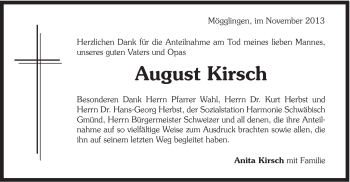 Traueranzeige von August Kirsch von Gmünder Tagespost