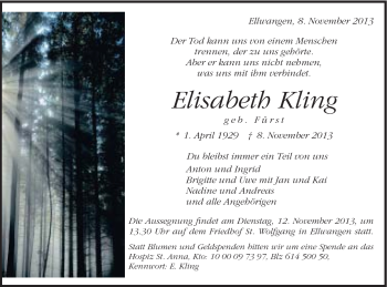 Traueranzeige von Elisabeth Kling von Schwäbische Post