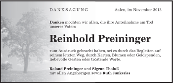 Traueranzeige von Reinhold Preininger von Schwäbische Post