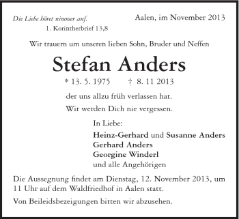 Traueranzeige von Stefan Anders von Schwäbische Post