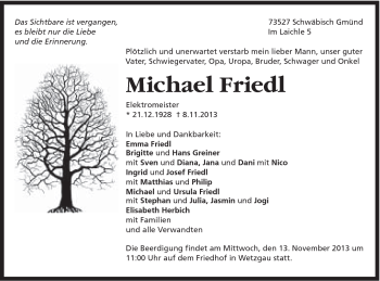 Traueranzeige von Michael Friedl von Gmünder Tagespost