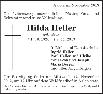 Traueranzeige von Hilda Heller von Schwäbische Post