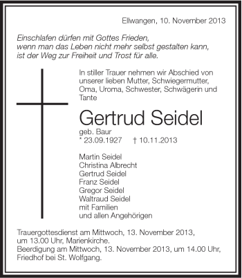 Traueranzeige von Gertrud Seidel von Schwäbische Post