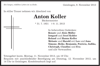 Traueranzeige von Anton Koller von Schwäbische Post