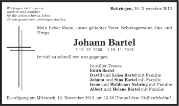 Traueranzeige von Johann Bartel von Gmünder Tagespost