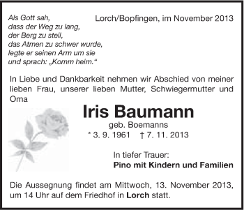 Traueranzeige von Iris Baumann von Schwäbische Post