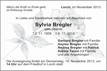 Traueranzeige von Sylvia Bregler von Gmünder Tagespost