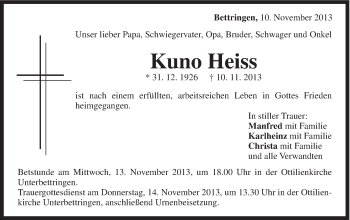 Traueranzeige von Kuno Heiss von Gmünder Tagespost