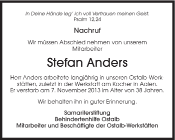 Traueranzeige von Stefan Anders von Schwäbische Post