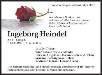 Traueranzeige von Ingeborg Heindel von Schwäbische Post