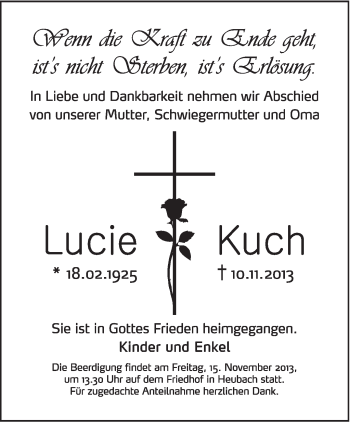 Traueranzeige von Lucie Kuch von Gmünder Tagespost
