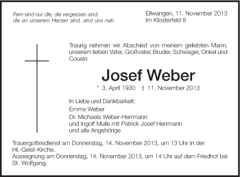 Traueranzeige von Josef Weber von Schwäbische Post