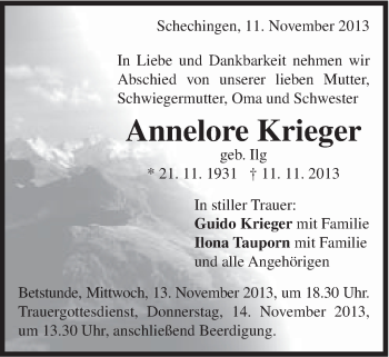 Traueranzeige von Annelore Krieger von Gmünder Tagespost