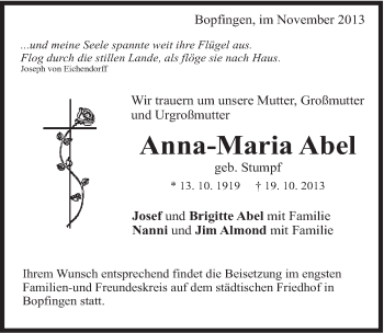 Traueranzeige von Abel Anna Maria von 082