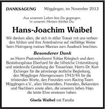 Traueranzeige von Hans-Joachim Waibel von Gmünder Tagespost