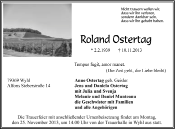 Traueranzeige von Roland Ostertag von Gmünder Tagespost
