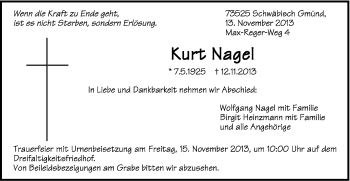 Traueranzeige von Kurt Nagel von Gmünder Tagespost