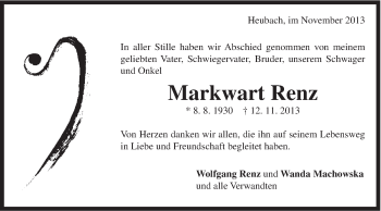 Traueranzeige von Markwart Renz von Gmünder Tagespost