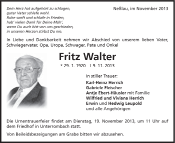 Traueranzeige von Fritz Walter von Schwäbische Post