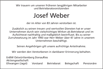 Traueranzeige von Josef Weber von Schwäbische Post