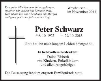 Traueranzeige von Peter Schwarz von Schwäbische Post