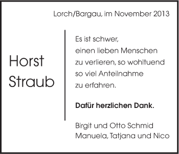 Traueranzeige von Horst Straub von Gmünder Tagespost