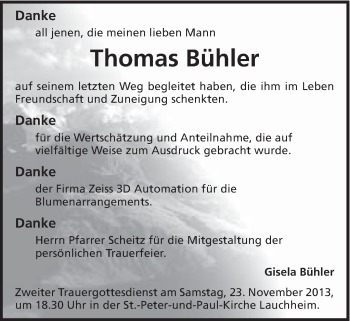 Traueranzeige von Thomas Bühler von Schwäbische Post