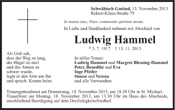 Traueranzeige von Ludwig Hammel von Gmünder Tagespost