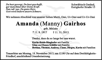 Traueranzeige von Amanda Gairhos von Gmünder Tagespost