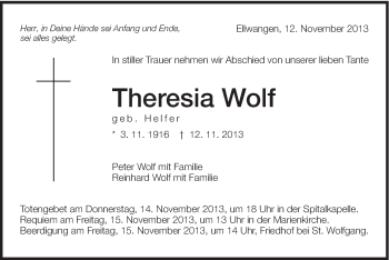 Traueranzeige von Theresia Wolf von Schwäbische Post
