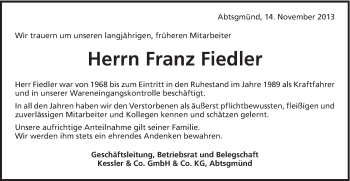 Traueranzeige von Franz Fiedler von Schwäbische Post