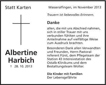 Traueranzeige von Albertine Harbich von Schwäbische Post