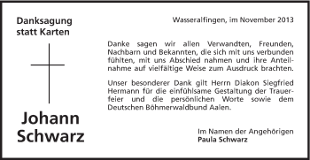 Traueranzeige von Johann Schwarz von Schwäbische Post