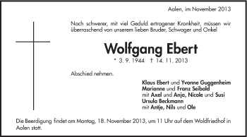 Traueranzeige von Wolfgang Ebert von Schwäbische Post