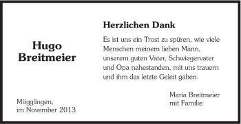 Traueranzeige von Hugo Breitmeier von Gmünder Tagespost