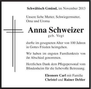 Traueranzeige von Anna Schweizer von Gmünder Tagespost