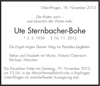 Traueranzeige von Ute Sternbacher-Bohe von Schwäbische Post