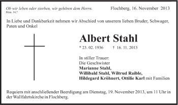 Traueranzeige von Albert Stahl von Schwäbische Post