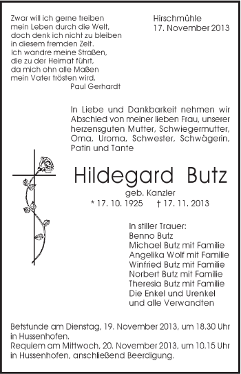 Traueranzeige von Hildegard Butz von Gmünder Tagespost