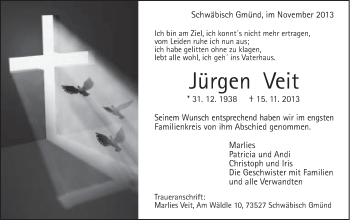 Traueranzeige von Jürgen Veit von Gmünder Tagespost
