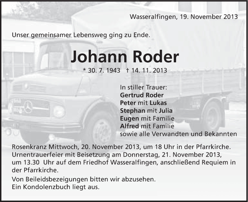 Traueranzeige für Johann Roder vom 19.11.2013 aus Schwäbische Post